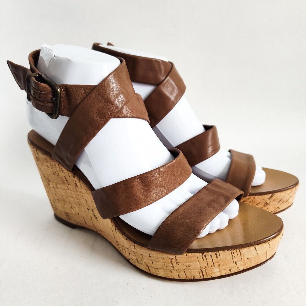J Crew Tan Sevigne Strappy Washed Leather Cork 3.5" Wedge Sandals Womens Size 8